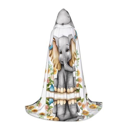 Ttkjshmgc Kapuzenumhang mit Cartoon-Elefant und Eulen, Blumendruck, bedruckter, verstellbarer Umhang für Teenager, Halloween-Abenteuer, Partys und festliche Kleidung, einfach zu tragen. von Ttkjshmgc