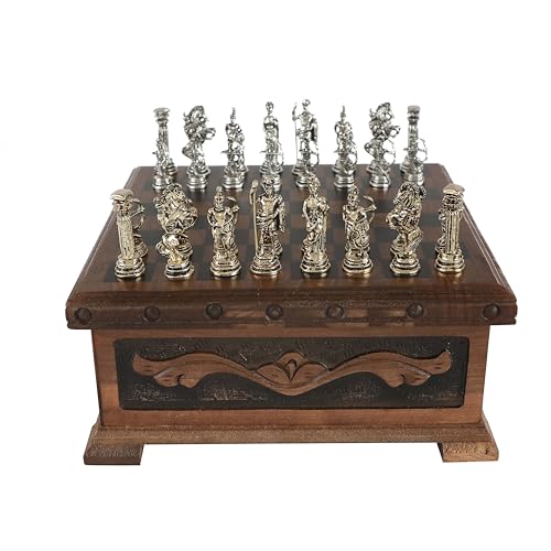 Tubibu Schachset mit Walnuss-Schatz-Geheim-Zauberbox mit verstecktem Schlüssel, handgefertigtes einzigartiges Schachbrett mit trojanischen Kriegs-Metall-Schachfiguren (mittel) von Tubibu