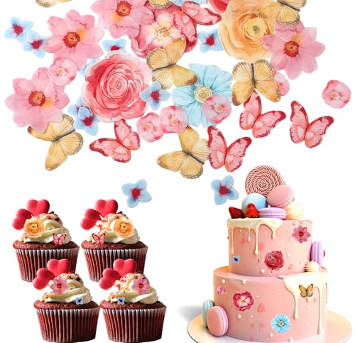 102 Stück Tortendeko Blumen, Bunt Cupcake Deko, Torten Deko Blumen Schmetterlinge Kuchendekoration für Hochzeit, Geburtstag, Babyparty von Tucnoeu