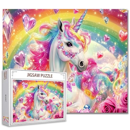 1000 Stück Puzzle für Erwachsene - Buntes Regenbogen Einhorn Mit Funkelnden Herz Edelsteinen und Rosen - Fantasy Pferd Wanddekor DIY Craft Puzzle Kunst von Tucocoo
