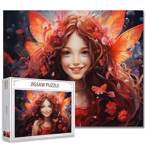 1000 Stück Puzzles für Erwachsene Engel Mädchen Schmetterling Malerei Jigsaw Puzzle Cute Girl mit Kranz Puzzles für anspruchsvolle Familie Aktivität Spiel Mädchen Blumen Kunst DIY Puzzle Wanddekoratio von Tucocoo