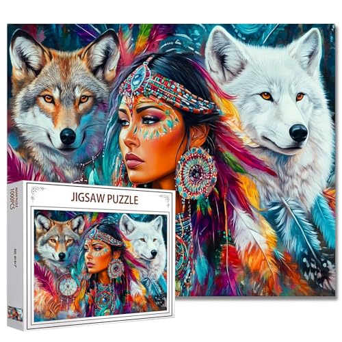 1000 Stück Puzzles für Erwachsene afroamerikanische Frau und Wolf Jigsaw Puzzle Bunte Dreamcatcher Kopfschmuck 1000 Stück Puzzles für anspruchsvolle Familie Aktivität Spiel Wanddekoration DIY Puzzle von Tucocoo