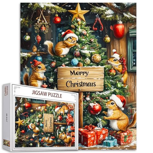 1000 Stück Xmas Tree Jigsaw Puzzles für Erwachsene Merry Christmas Puzzles Weihnachten Eichhörnchen Craft DIY Puzzles für Home Decoration Geschenke Familie Puzzle 27 x 20 Zoll perfekt für Game Nights von Tucocoo