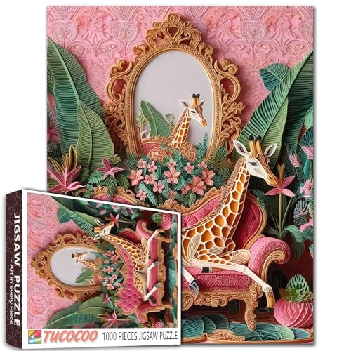 1000 Teile Puzzle für Erwachsene, Giraffen-Lounge, tropisches botanisches Puzzle, Rosa, Raumkunst, anspruchsvolles ästhetisches Puzzle, Geschenk, Heimdekoration, 68 x 50 cm, großes Puzzle für 1000 Teile Puzzle für Erwachsene, Giraffen-Lounge, tropisches botanisches Puzzle, Rosa, Raumkunst, anspruchsvolles ästhetisches Puzzle, Geschenk, Heimdekoration, 68 x 50 cm, großes Puzzle für von Tucocoo