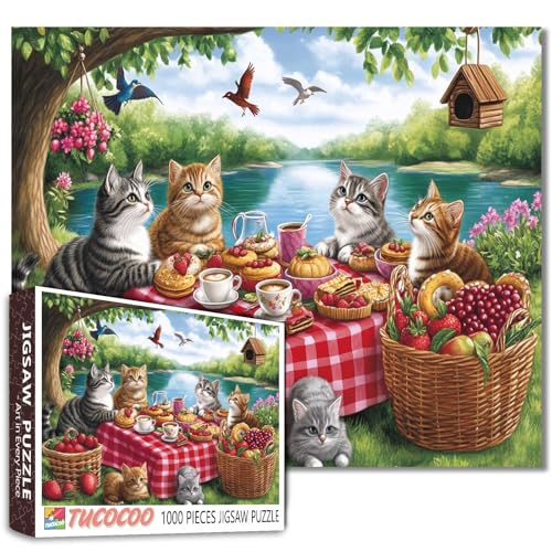 1000 Teile Puzzle für Erwachsene, entzückende Katzen, Picknick-Party, Puzzle-Spiel, Wanddekoration, Bastelpuzzle, niedliche Kätzchen, Outdoor-Festszene, Kunst, Geschenk für Katzenliebhaber und 1000 Teile Puzzle für Erwachsene, entzückende Katzen, Picknick-Party, Puzzle-Spiel, Wanddekoration, Bastelpuzzle, niedliche Kätzchen, Outdoor-Festszene, Kunst, Geschenk für Katzenliebhaber und von Tucocoo