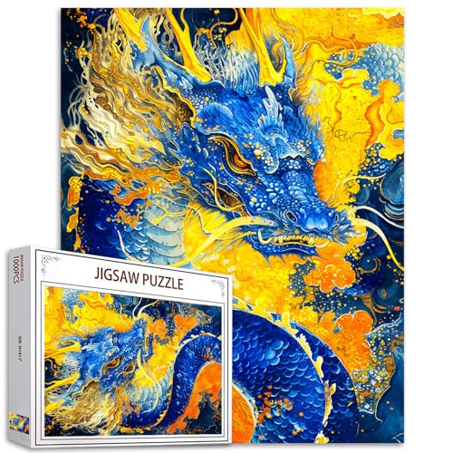 1000 Teile Puzzle für Erwachsene,Fantasy Dragon Puzzle Art,Familie Spaß Erwachsene Puzzle Spiele HD Qualität Dreamy Blue Golden Dragon Art Foto Puzzle Geschenke Schwierig Herausforderung Großes Puzzle von Tucocoo
