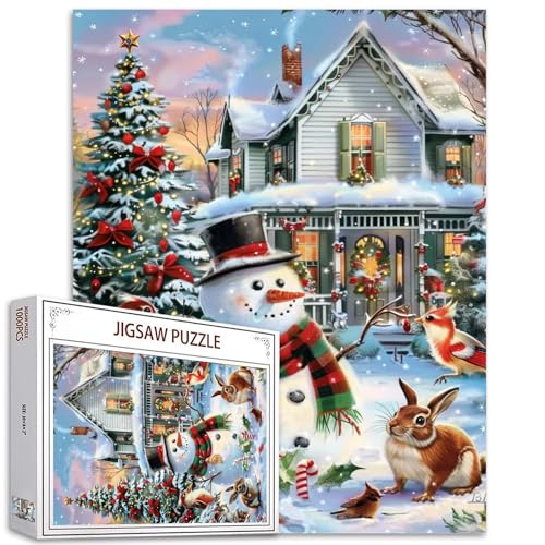 1000 Teile Puzzle für Erwachsene Fröhliche Weihnachten Weihnachtsbaum Schneemänner Eichhörnchen Weihnachtsmann Rote Vögel Stapelpuzzle Handarbeit Geschenk Heimdekoration Geschenke Familie Puzzle von Tucocoo