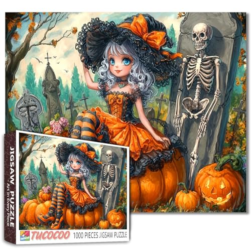 1000 Teile Puzzle für Erwachsene Halloween Hexe Fantasy Puzzle mit Kürbissen Skelett und Friedhof - Gruselige Gothic Kunst Puzzle für Frauen Männer Teens Familie Herausfordernd Spaß Halloween Dekor 1000 Teile Puzzle für Erwachsene Halloween Hexe Fantasy Puzzle mit Kürbissen Skelett und Friedhof - Gruselige Gothic Kunst Puzzle für Frauen Männer Teens Familie Herausfordernd Spaß Halloween Dekor von Tucocoo