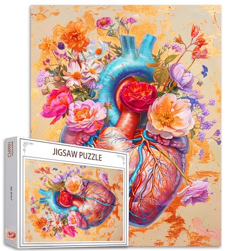 1000 Teile Puzzle für Erwachsene Herausforderndes Puzzle Perfekt Spiel Romantik Blumen Herz Puzzle Buntes schlagendes Herz Anatomie 1000 Teile Puzzle Kunst für Familie Spaß Erwachsene Puzzle Spiele von Tucocoo