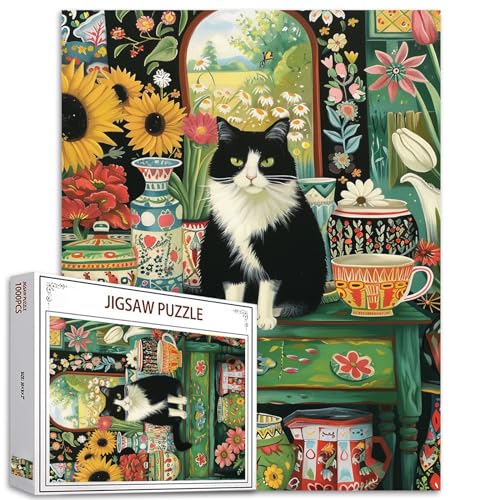 1000 Teile Puzzle für Erwachsene Katze sitzt auf dem Tisch Puzzle Kätzchen 1000 Teile Puzzle Spiel Blume Blumenkunst Wanddekoration DIY Craft Puzzle für Erwachsene Geschenk für Freunde und Familie von Tucocoo