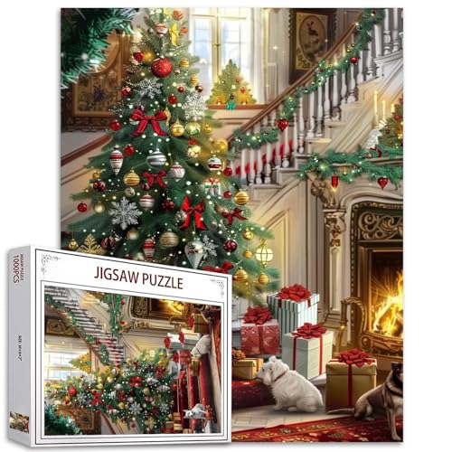 1000 Teile Puzzles für Erwachsene Fröhlicher Weihnachtsbaum Glöckchen Rote Treppe Schneemänner Weihnachtsmann Box Hund Puzzle Handarbeit Geschenk Heimdekoration Geschenke Familie Puzzle Perfekt von Tucocoo