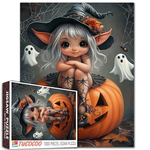 1000-teiliges Halloween-Puzzle mit süßem kleinen Hexenmädchen, das auf Kürbis sitzt, Puzzle für Erwachsene, Studenten, Geister, Fantasiekunst, Spinnennetz, 50,8 x 68,6 cm, Puzzles für anspruchsvolle 1000-teiliges Halloween-Puzzle mit süßem kleinen Hexenmädchen, das auf Kürbis sitzt, Puzzle für Erwachsene, Studenten, Geister, Fantasiekunst, Spinnennetz, 50,8 x 68,6 cm, Puzzles für anspruchsvolle von Tucocoo