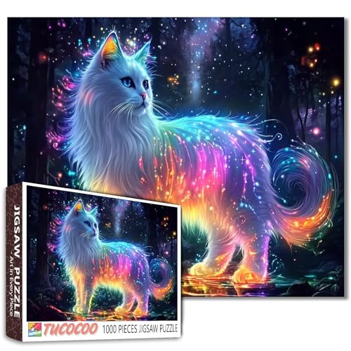 1000-teiliges Puzzle, glänzende weiße Katze, Puzzle, 1000 Teile für Erwachsene, riesige leuchtende Katze, bunte Lichtpunkte, Puzzles für Erwachsene, 1000 Teile, verträumte Tier-Puzzles, schöne von Tucocoo