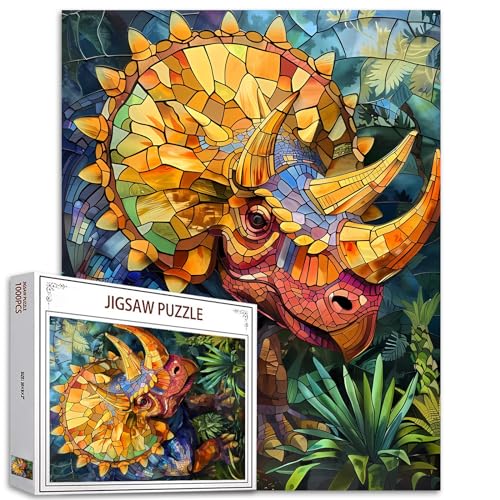 1000-teiliges Puzzle für Erwachsene, Buntglas-Dinosaurier-Puzzle, buntes Buntglas-Triceratops-Puzzle, herausfordernde Familienaktivitäten, perfekt für Spielabende, Puzzle als Wandkunst-Dekoration 1000-teiliges Puzzle für Erwachsene, Buntglas-Dinosaurier-Puzzle, buntes Buntglas-Triceratops-Puzzle, herausfordernde Familienaktivitäten, perfekt für Spielabende, Puzzle als Wandkunst-Dekoration von Tucocoo