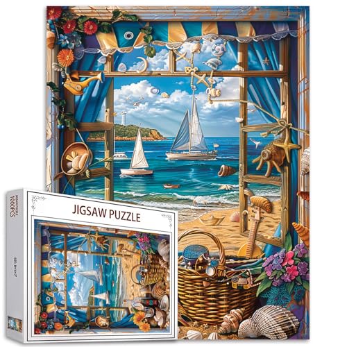 1000-teiliges Puzzle für Erwachsene, Fenster-Strand-Thema, Landschaftspuzzle, Sommer-Meer-Malpuzzle, anspruchsvolle Familienaktivität, perfekt für Spielabende, Strandmuscheln, Boot, Wandkunst-Dekor 1000-teiliges Puzzle für Erwachsene, Fenster-Strand-Thema, Landschaftspuzzle, Sommer-Meer-Malpuzzle, anspruchsvolle Familienaktivität, perfekt für Spielabende, Strandmuscheln, Boot, Wandkunst-Dekor von Tucocoo
