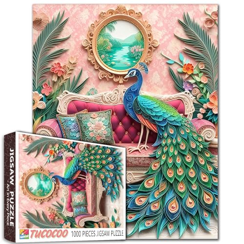 1000-teiliges Puzzle für Erwachsene, eleganter Pfau auf Vintage-Sofa, bunt, herausfordernd, tropisches Blumenmuster, lebendiges Tier, einzigartige Heimdekoration, Kunst-Puzzle, lustige Geschenkidee 1000-teiliges Puzzle für Erwachsene, eleganter Pfau auf Vintage-Sofa, bunt, herausfordernd, tropisches Blumenmuster, lebendiges Tier, einzigartige Heimdekoration, Kunst-Puzzle, lustige Geschenkidee von Tucocoo