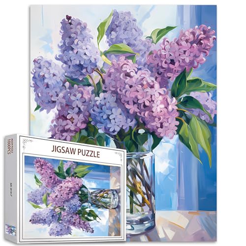 1000-teiliges Puzzle für Erwachsene, lila lila in einer Glasvase, Puzzle, blaue Blumen mit grünen Blättern, anspruchsvolle Familienaktivitäten, perfekt für Spielabende, Blumenpuzzle, Wandkunst-Dekor von Tucocoo