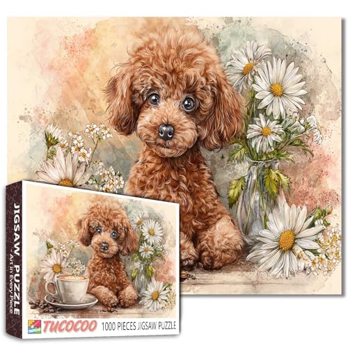 1000-teiliges Puzzle für Erwachsene, niedliches Pudel-Hunde-Puzzle mit Kaffeetasse und Gänseblümchen, gemütliche, ästhetische Puzzles für Frauen und Männer, lustiges, herausforderndes entspannendes 1000-teiliges Puzzle für Erwachsene, niedliches Pudel-Hunde-Puzzle mit Kaffeetasse und Gänseblümchen, gemütliche, ästhetische Puzzles für Frauen und Männer, lustiges, herausforderndes entspannendes von Tucocoo