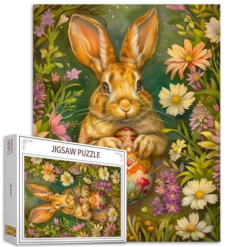 1000-teiliges Puzzle mit Blumenhase für Erwachsene, Osterhase und bunte Eier, einzigartiges Geschenk, Familien-Puzzle, herausforderndes Puzzle, 1000 Teile, Blumen-Pflanzen-Puzzle von Tucocoo