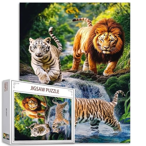 3D Lion Tiger Running Jigsaw Puzzle 1000 Teile Puzzles für Erwachsene, Tropische Regenwaldtiere Jigsaw Puzzles für anspruchsvolle Familienaktivitätsspiele DIY Puzzle für Home Wall Decor - 20 x 27 Zoll von Tucocoo
