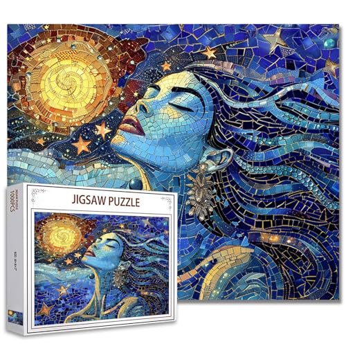 Abstraktes weibliches Gesicht Puzzles 1000 Stück für Erwachsene, Familien (Mädchen, Vollmond, lockiges Haar, Sterne) Stücke passen perfekt zusammen Cartoon Frau Frameable Magic Puzzle Kunstgeschenk von Tucocoo