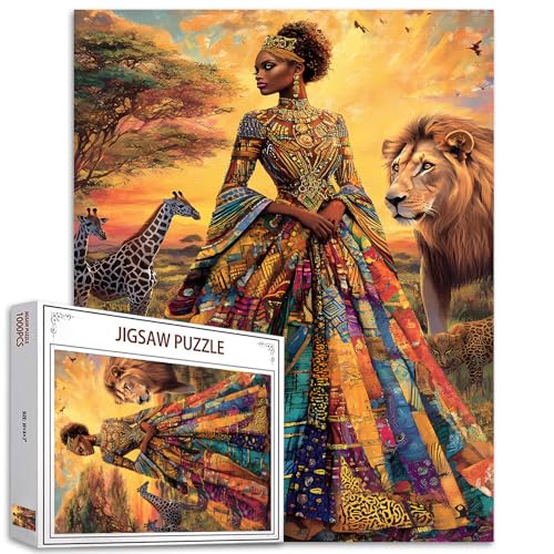Afrika Schwarzes Mädchen Malerei 1000 Stück Jigsaw Puzzle Erwachsene Jigsaw Puzzle Königin Ornate Kleid Tier Tiger Puzzles Spiel Afro-Amerika Frau Dekor Craft Room Decor Wildlife Puzzle Kunst Geschenk von Tucocoo