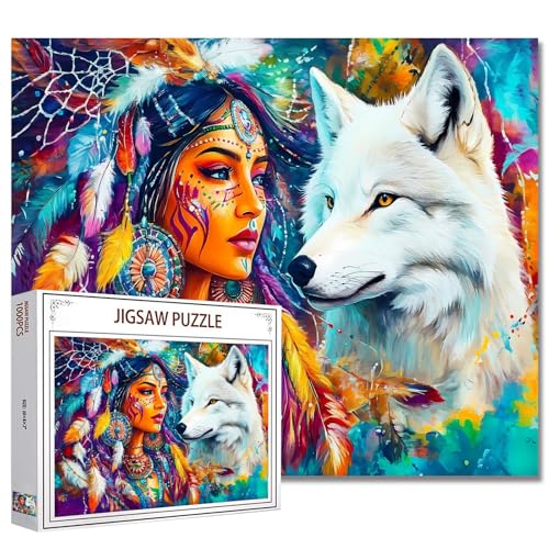 Afroamerikanische Frau und Wolf Jigsaw Puzzles 1000 Teile für Erwachsene, Bunter Traumfänger Kopfschmuck 20''x27''Inch Schönes Native American Portrait Puzzle Kunst Buntes Native American Kunstwerk von Tucocoo