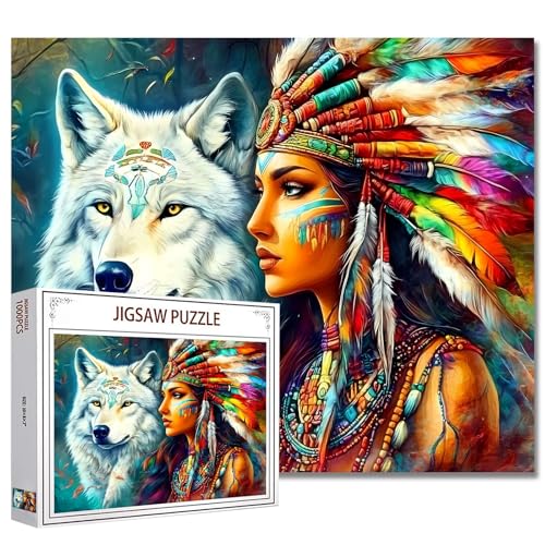 Afroamerikanische Frau und Wolf Jigsaw Puzzles 1000 Teile für Erwachsene, Bunter Traumfänger Kopfschmuck 20''x27''Inch Schönes Native American Portrait Puzzle Kunst Buntes Native American Kunstwerk Afroamerikanische Frau und Wolf Jigsaw Puzzles 1000 Teile für Erwachsene, Bunter Traumfänger Kopfschmuck 20''x27''Inch Schönes Native American Portrait Puzzle Kunst Buntes Native American Kunstwerk von Tucocoo