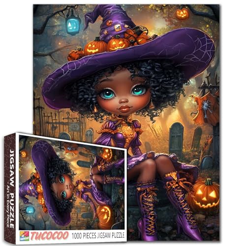 Afroamerikanisches Hexenmädchen, Halloween, 1000-teiliges Puzzle für Erwachsene, Studenten, violettes Kleid, lockiges Haar, sitzend auf dem Friedhof mit Kürbissen, 50,8 x 68,9 cm, Fantasy-Kunst, für Afroamerikanisches Hexenmädchen, Halloween, 1000-teiliges Puzzle für Erwachsene, Studenten, violettes Kleid, lockiges Haar, sitzend auf dem Friedhof mit Kürbissen, 50,8 x 68,9 cm, Fantasy-Kunst, für von Tucocoo