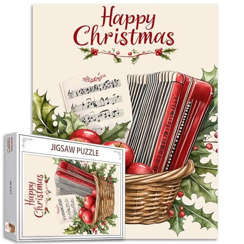 Akkordeon- und Musikblatt-Puzzle, 1000 Teile, Puzzles für Erwachsene, Aquarell-Weihnachtskarten-Puzzles für anspruchsvolle Familienaktivitäten, DIY-Puzzle für Heimwanddekoration, 50,8 x 68,6 cm von Tucocoo