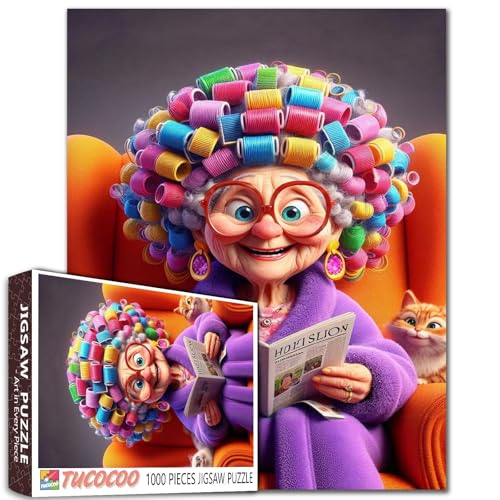 Alte Frau Curls Haar Jigsaw Puzzles 1000 Stücke für Erwachsene Alte Frau Lesen Magazine Sofa Katze Intellektuelle Dekomprimieren Spaß Familienspiel Beste für Familie Spiel Spiele Sammlung von Tucocoo