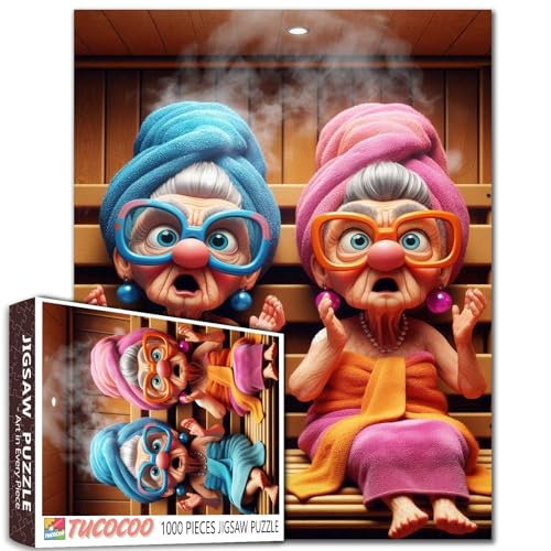 Alte Frau mit Einer Sauna Jigsaw Puzzles 1000 Stücke für Erwachsene Oma tragen Bademantel und Brille Herausforderung Familie Aktivität Spiele Intellektuelle Decompressing Spaß von Tucocoo