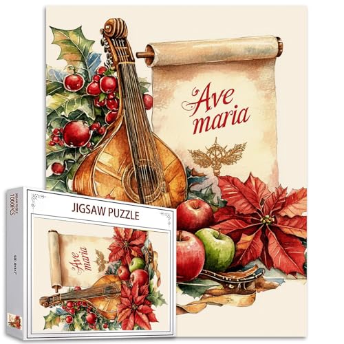 Ave Maria Scroll-Puzzle mit Musikinstrument, rote Blätter, 1000 Teile, Puzzles für Erwachsene, Scroll-Puzzles für anspruchsvolle Familienaktivitäten, DIY-Puzzle für Heimdekoration, 50,8 x 68,9 cm von Tucocoo