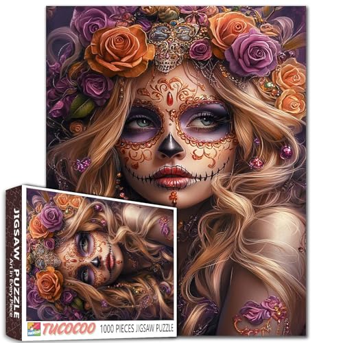 Beautiful Woman Day of the Dead Puzzle, 1000 Teile, für Erwachsene, Studenten, Fantasie-Kunst, Totenkopf-Make-up, Rosen, realistisches Gesicht, 50,8 x 68,6 cm, lebendige Farben, dunkelvioletter Beautiful Woman Day of the Dead Puzzle, 1000 Teile, für Erwachsene, Studenten, Fantasie-Kunst, Totenkopf-Make-up, Rosen, realistisches Gesicht, 50,8 x 68,6 cm, lebendige Farben, dunkelvioletter von Tucocoo