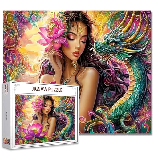 Beauty and Green Dragon Jigsaw Puzzle，Lotus Flower Fairy 1000 Pieces Jigsaw Puzzles for Adults，27 x 20 Inches Puzzles for Families，HD Quality Beautiful Woman with Dragon Puzzle Decor von Tucocoo