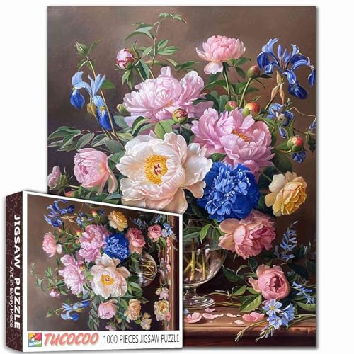 Bunte Pfingstrosen Paeonia-Blumen-Puzzles für Erwachsene, 1000 Teile, Blumen-Puzzles mit Vintage-Vase, klassisches Malpuzzle als Heimdekoration, Vintage-Blume, 1000 Teile Puzzles für Erwachsene von Tucocoo