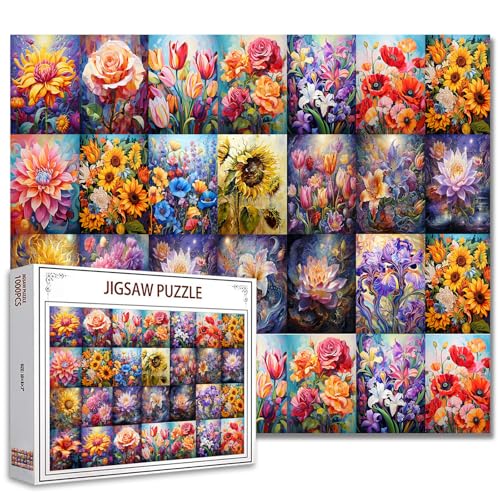 Bunte Blüten-Collage, 1000-teiliges Puzzle für Erwachsene, Sonnenblume, Rose, Tulpe, violette Blume, botanische Puzzles von Tucocoo