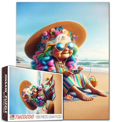 Buntes Oma am Strand, Puzzle für Erwachsene, 1000 Teile, Musik hören, Puzzle, skurrile Cartoon-Kunst, entspannend, niedliche alte Frau, Puzzle, lustiges Gehirnspiel, Geschenk für Frauen, Familie Buntes Oma am Strand, Puzzle für Erwachsene, 1000 Teile, Musik hören, Puzzle, skurrile Cartoon-Kunst, entspannend, niedliche alte Frau, Puzzle, lustiges Gehirnspiel, Geschenk für Frauen, Familie von Tucocoo