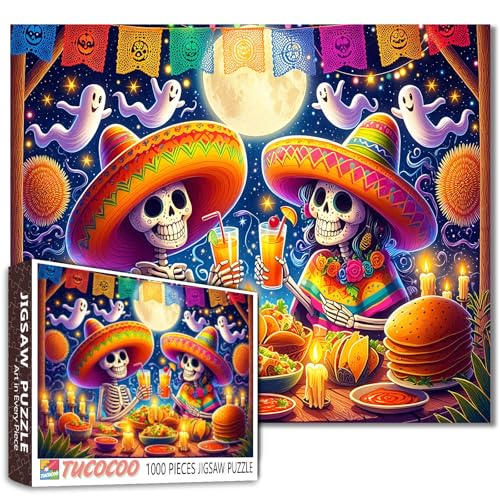 Buntes Skelett-Puzzle für Erwachsene, 1000 Teile, Tacos und Kerzen, lebhaftes mexikanisches Festival, Kunst, Herausforderungsspiel, 50,8 x 68,9 cm, einzigartiges Halloween-Puzzle für Studenten von Tucocoo