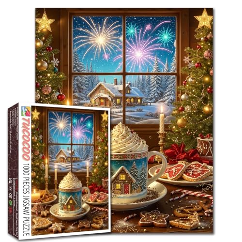 Cremefarbene Feiertagstasse, Lebkuchenkekse, Weihnachtskamin, 1000-teiliges Puzzle für Erwachsene, Studenten, gemütliches Winterfeuerwerk, Fensterblick, 50,8 x 68,9 cm, entspannendes, festliches Spiel von Tucocoo