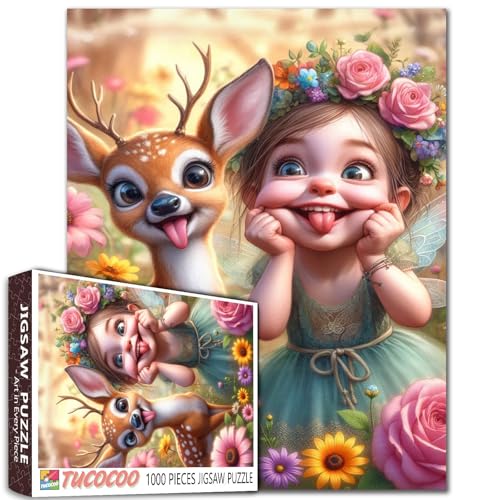 Cute Little Girl Making Funny Faces Jigsaw Puzzle 1000 Stücke für Erwachsene Cute Deer Tiere Blühende Blumen Puzzles Beste für Familie Spiel Spiele Sammlung Familie Aktivität Perfekt für Spiel Nacht von Tucocoo