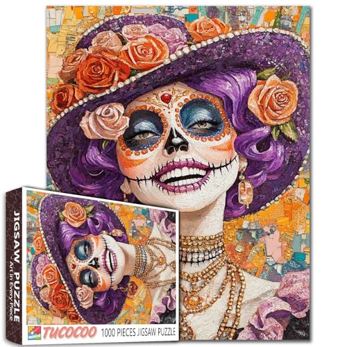 Day of The Dead Puzzle 1000 Pieces for Adults, Purple Hat Roses Sugar Skull Flowers Art Puzzles for Challenging Family Activity Games DIY Craft Jigsaws for Home Wall Decor Gifts Day of The Dead Puzzle 1000 Pieces for Adults, Purple Hat Roses Sugar Skull Flowers Art Puzzles for Challenging Family Activity Games DIY Craft Jigsaws for Home Wall Decor Gifts von Tucocoo