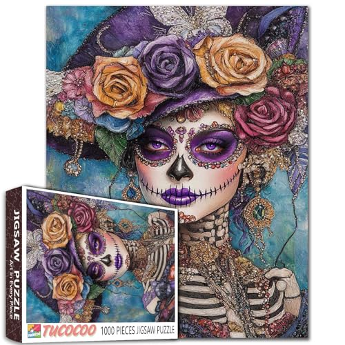 Day of The Dead Sugar Skull Puzzle 1000 Teile für Erwachsene Studenten Skelett Frau mit Hut Kunst Bunte Blumen Fantasie Lila Rosen 50,8 x 68,9 cm Puzzles Lebendiger Pastellhintergrund Day of The Dead Sugar Skull Puzzle 1000 Teile für Erwachsene Studenten Skelett Frau mit Hut Kunst Bunte Blumen Fantasie Lila Rosen 50,8 x 68,9 cm Puzzles Lebendiger Pastellhintergrund von Tucocoo
