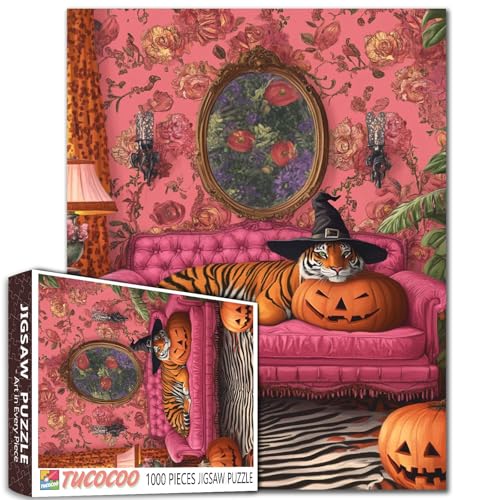 Der Tiger trägt einen Hut Halloween Jigsaw Puzzle 1000 Stück für Erwachsene Kürbis und rosa Sofa Puzzles Perfekt für Familienspiel Nächte Entspannung Unterhaltung Aktivität Bildungsspiel Der Tiger trägt einen Hut Halloween Jigsaw Puzzle 1000 Stück für Erwachsene Kürbis und rosa Sofa Puzzles Perfekt für Familienspiel Nächte Entspannung Unterhaltung Aktivität Bildungsspiel von Tucocoo
