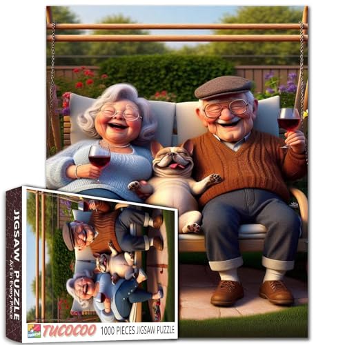 EIN altes Paar, das auf der Schaukel schwingt Jigsaw Puzzles 1000 Stücke für Erwachsene EIN Rotweinglas und EIN niedliches kleines Hund Puzzles Intellectual Decompressing Fun Family Game von Tucocoo