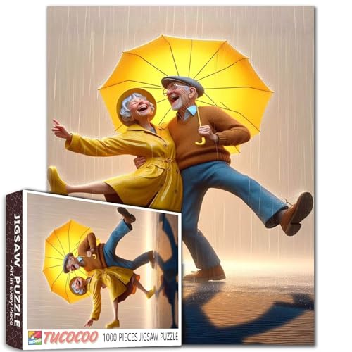 EIN altes Paar Tanzt im Regen Jigsaw Puzzles 1000 Stücke für Erwachsene lebendige Großvater und Oma Gelbe Regenschirm Puzzles Intellektuelle Decompressing Spaß Familienspiel Stress Relief Spielzeug von Tucocoo