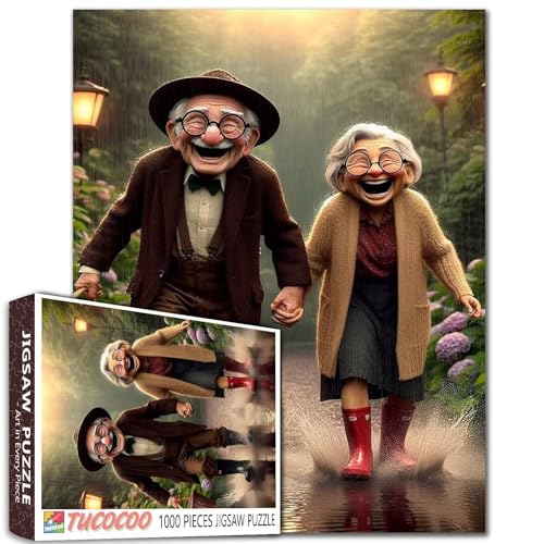 EIN altes Paar spaziert im Regen Jigsaw Puzzles 1000 Stücke für Erwachsene Blumen Großvater und Oma im Wasser Spielen Puzzles Herausforderung für Familie oder Freunde Spiel Wall Decor von Tucocoo