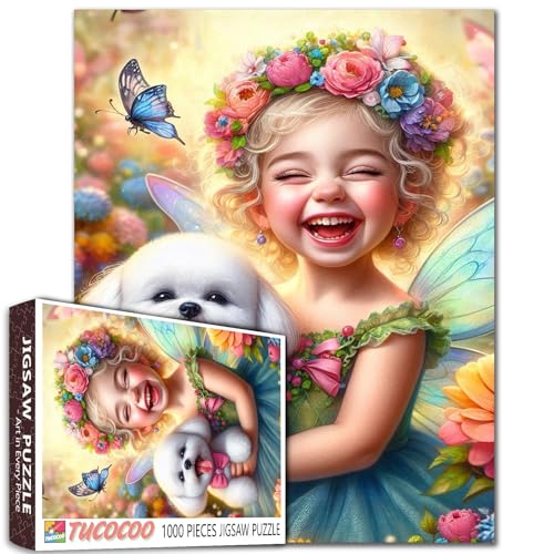 EIN kleines Mädchen, das EIN Feenkleid trägt Jigsaw Puzzles für Erwachsene Süßes Mädchen und Hund mit Krawatte Blume Schmetterling Puzzles Entspannung Unterhaltung Aktivität Perfekte Spaß Aktivität von Tucocoo