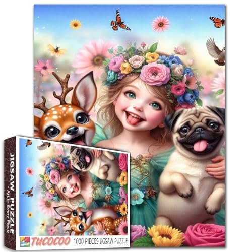 EIN kleines Mädchen, das einen Blumenkranz trägt Puzzle für Erwachsene Schmetterling Süßes Hirsch Tier Schöne Blumen Puzzles Herausfordernd für Familie oder Freunde Spiel Spaß und Herausforderung von Tucocoo