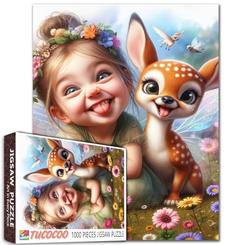 EIN süßes kleines Mädchen, das Feenkleidung trägt Jigsaw Puzzle 1000 Stück für Erwachsene Süße Hirsche Tiere Blume Gras Puzzle Challenging Family Activity Game Intellectual Decompressing von Tucocoo